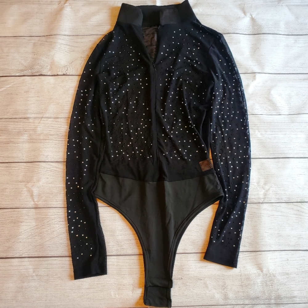 Black sheer tight fitting long sleeve rhinestone bodysuit size small Women's